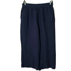 Tahari Linen Pants Size XL Wide Leg Crop Navy  Elastic Waist Lined Beach Coastal